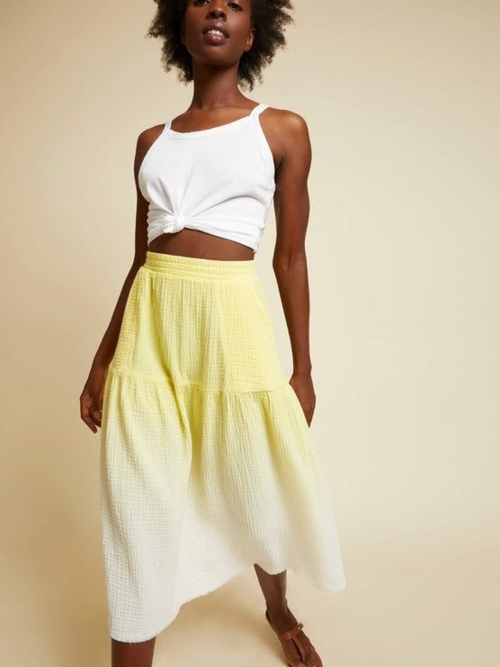 NATION LTD Ombre Yellow to Ivory Cotton Gauze Tiered Maxi Skirt Small